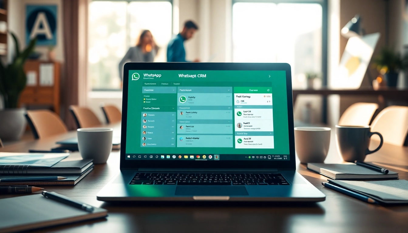 Utilize WhatsApp Business CRM on a laptop in a professional workspace setting.