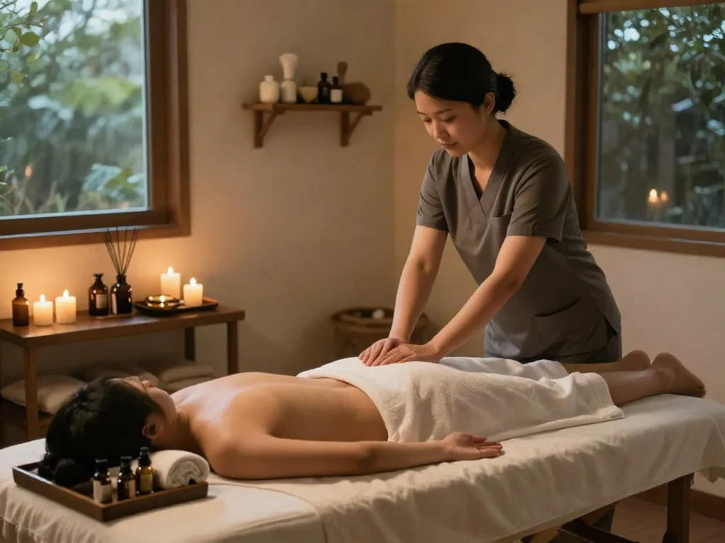Experience soothing 마포출장마사지 in a tranquil spa room, with soft lighting and essential oils.