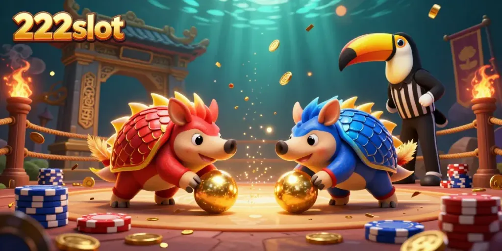 Gambarkan aktivitas judi dengan 222slot dalam ilustrasi kartun 3D meriah yang menampilkan pangolin bersaing.