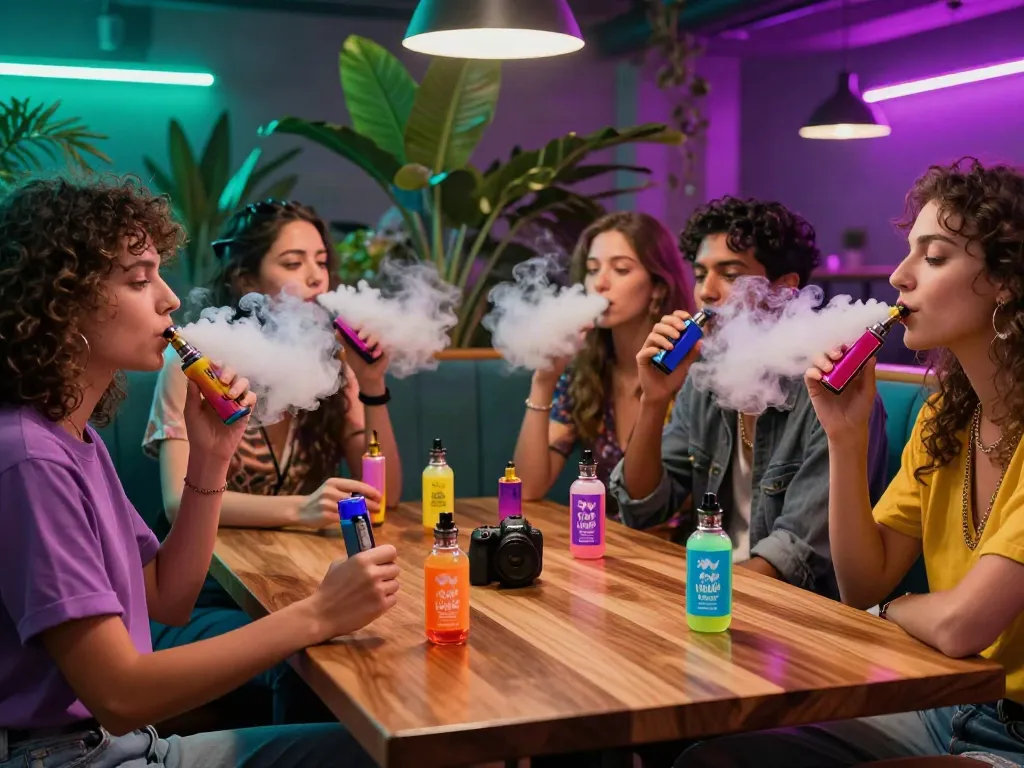 Friends sharing Clown vape juice in a vibrant lounge with colorful vapor clouds.
