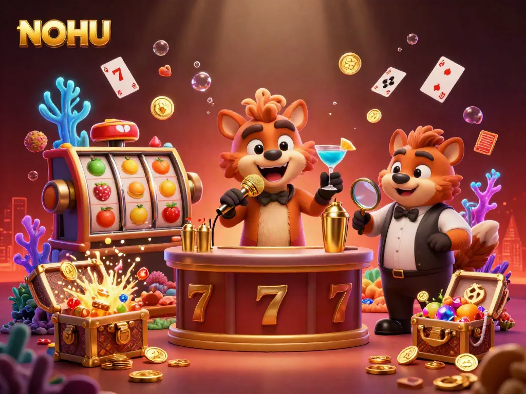 In NOHU's vibrant comedy casino, hyenas delight patrons with jokes while spinning slots and mixing cocktails, creating a lively atmosphere.