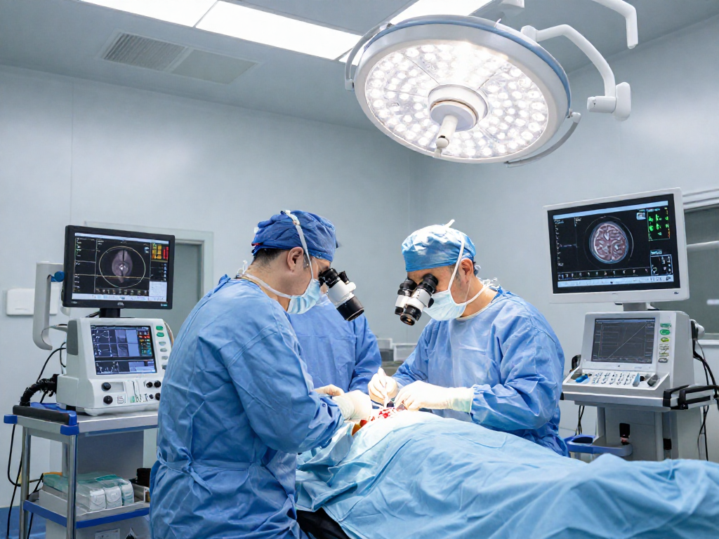 Performing beyin tümörü ameliyatı in a high-tech operating room with advanced equipment and skilled surgical team.