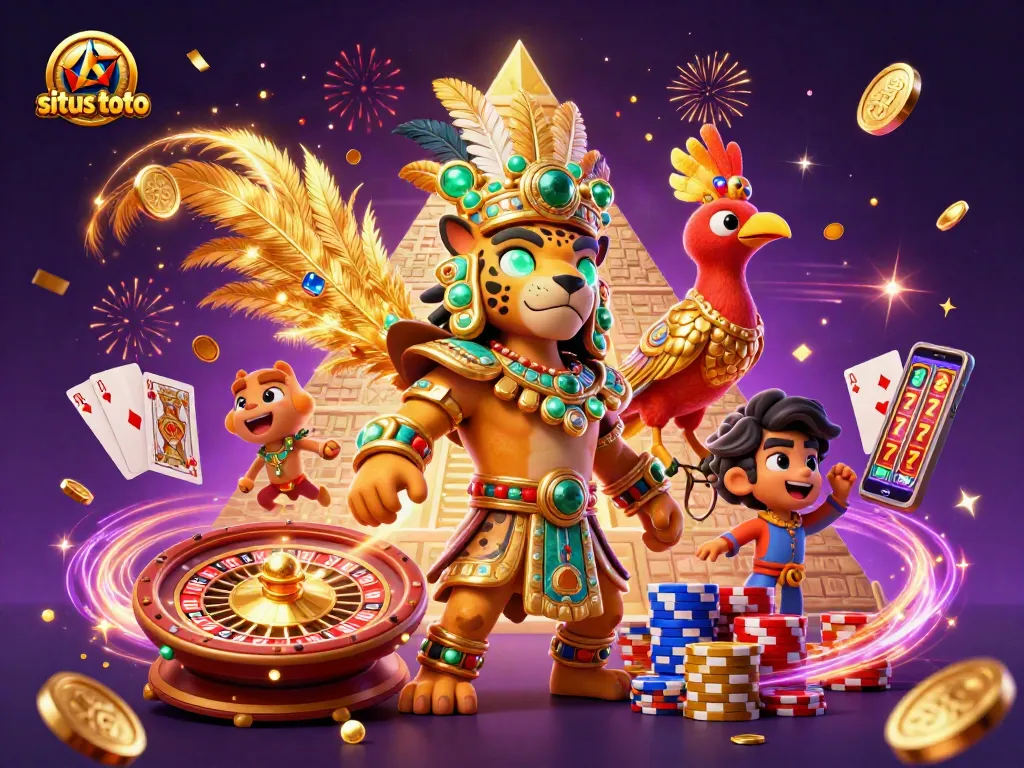 Situs toto gaming scene with jaguar priest, quetzal bird, and casino elements in 3D.