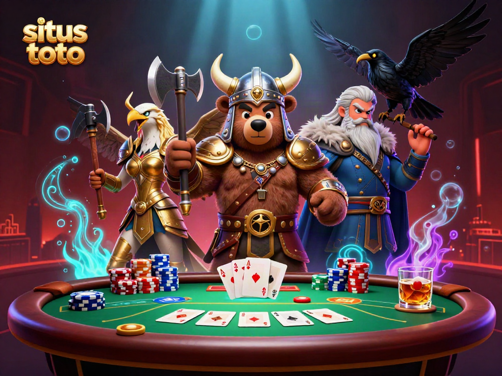 Situs toto showcases an epic scene with a Viking bear and Valkyrie eagle engaging at a lively poker table.