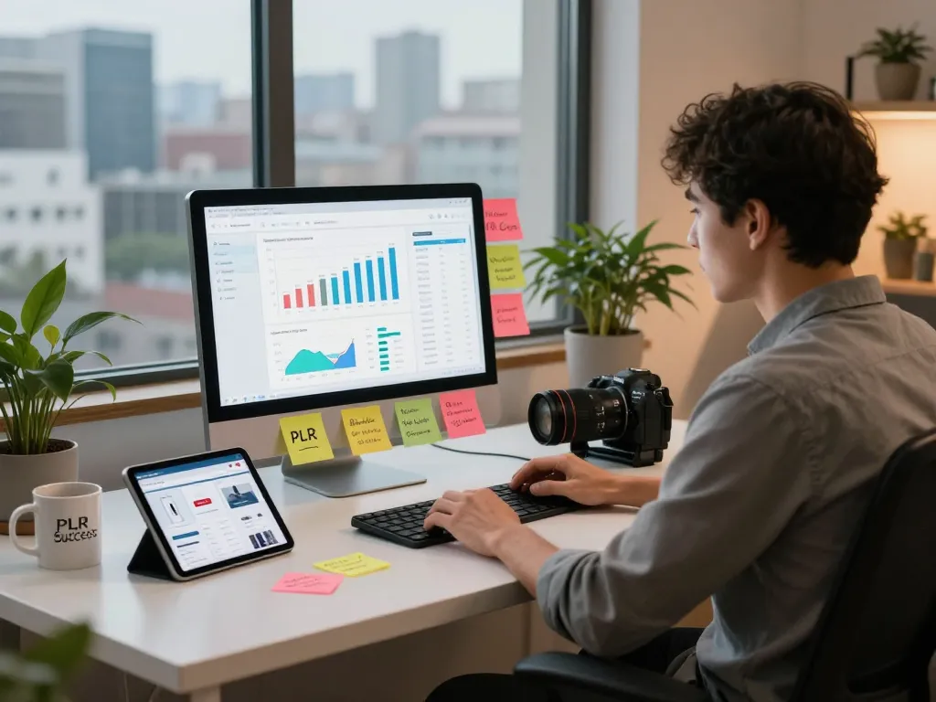 Buy PLR Products Online in a vibrant e-commerce workspace with digital marketing strategies.