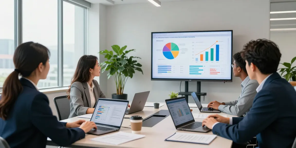 Business professionals collaborating on MBM strategies around a conference table in a modern office.