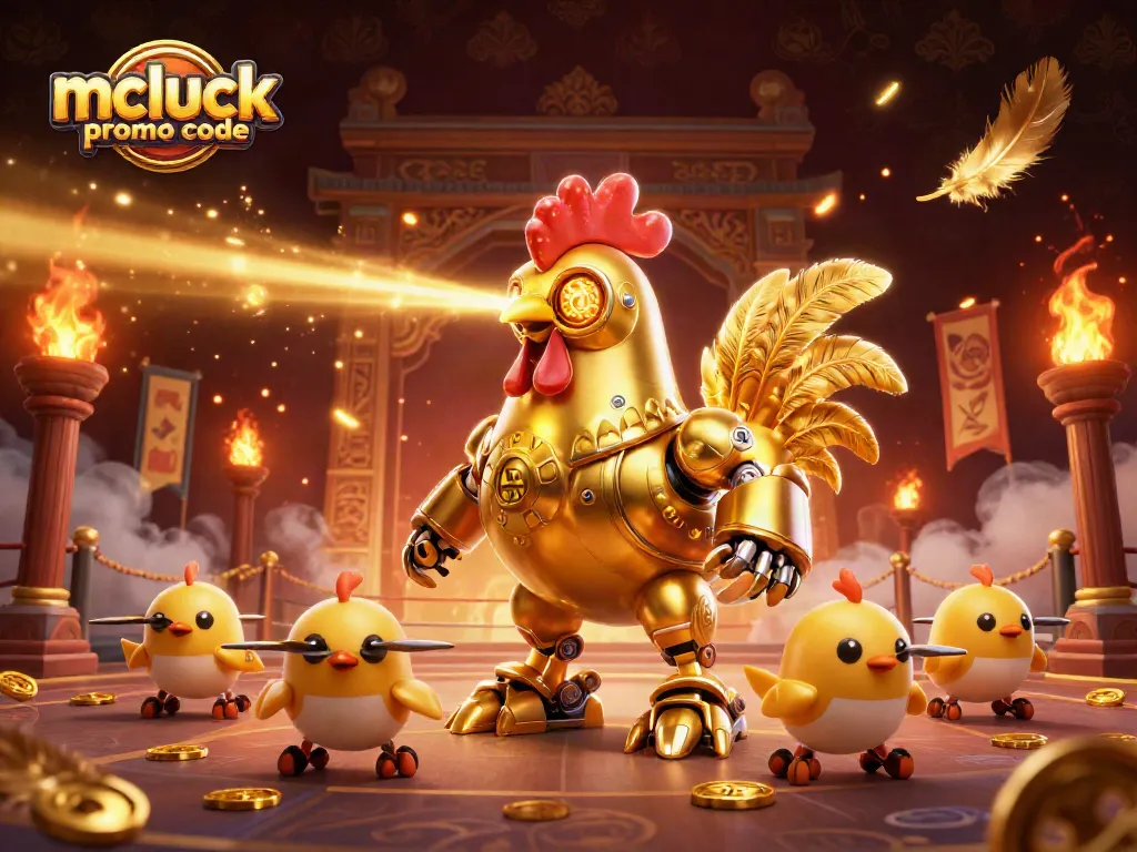 Visualize mcluck promo code with a golden rooster robot and baby chick drones in a vibrant casino scene.