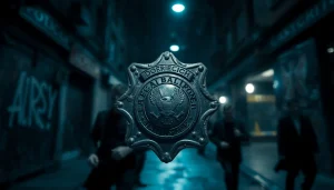 Inspecting the intricate details of a tarnished police badge in Rancid Badges, symbolizing betrayal.