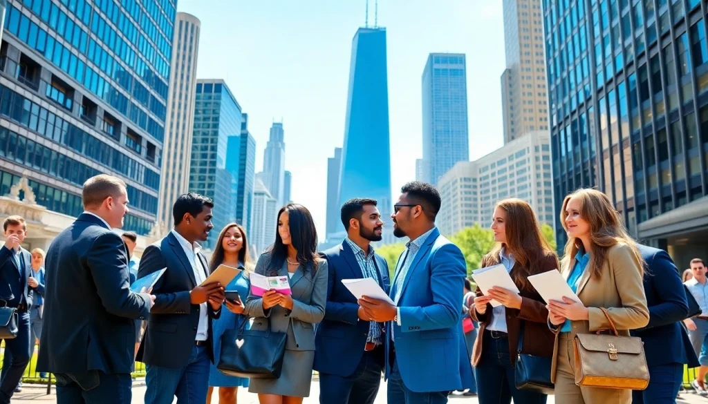 Engaging professionals networking for Chicago jobs under a bright skyline.