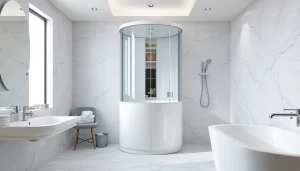 Die sonni Duschkabine im eleganten Badezimmerdesign bietet eine stilvolle Duscherfahrung.