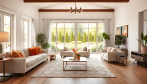 Real Estate agent presenting a beautiful modern house interior in an inviting atmosphere.