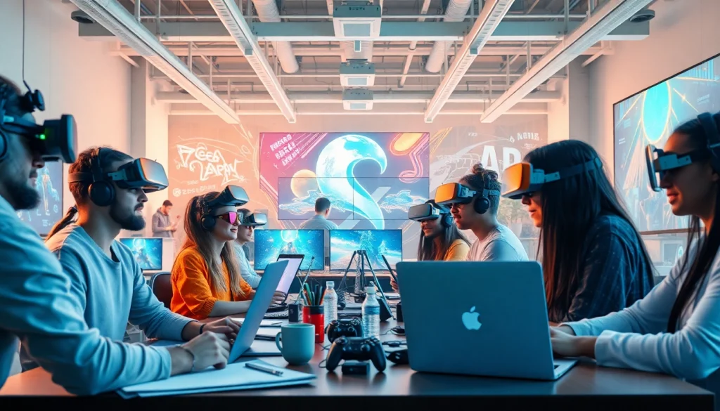 Engaged creators exploring the theme of Freedom X in a vibrant virtual game development setting.