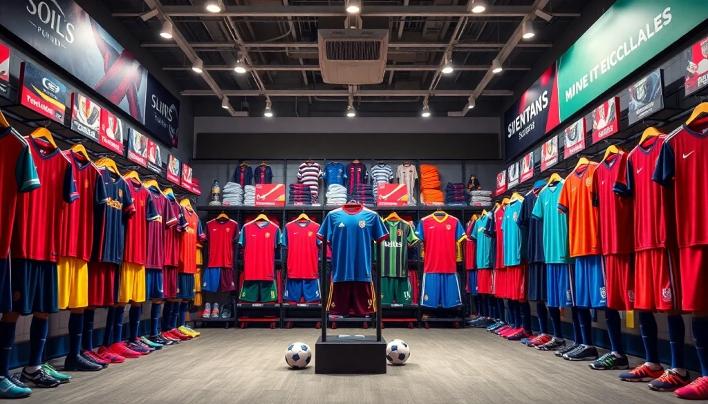 Showcasing an array of vibrant Team kit jerseys in a sports shop setting, inviting athletes to gear up.