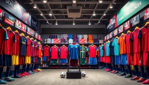 Showcasing an array of vibrant Team kit jerseys in a sports shop setting, inviting athletes to gear up.