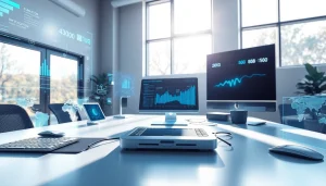 Technology workspace with futuristic devices and holographic interfaces representing innovation.