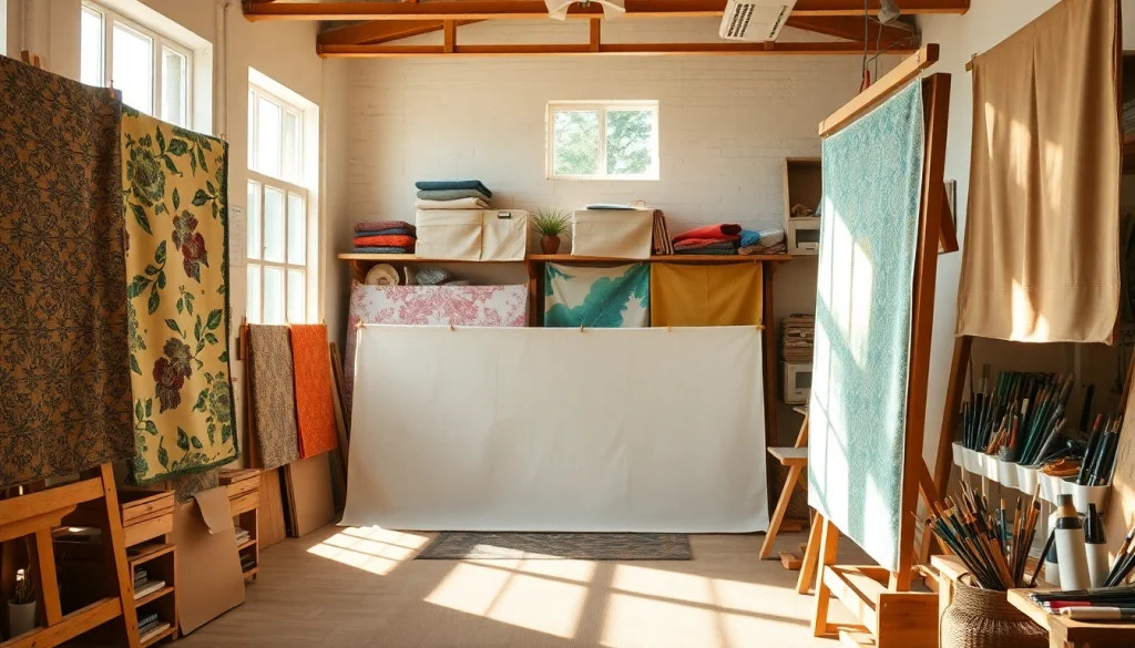 Canvas stoffen in een sfeervolle werkplaats, met diverse ontwerpen en texturen.
