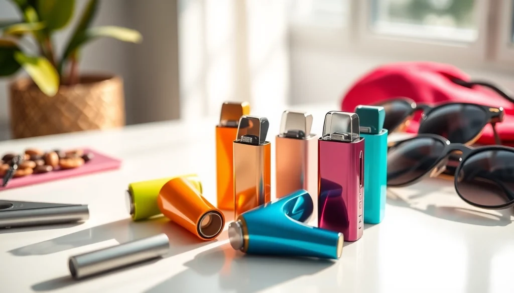 Faszinierende elfbar pods in lebendigen Farben auf einem minimalistischen Tisch arrangiert.