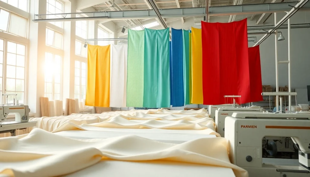 Maak wafel katoen in een lichte werkplaats met kleurrijke stoffen op de achtergrond.