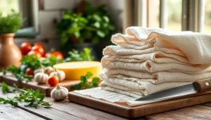 Gebruik van kaasdoek voor het maken van verse kaas en kruiden op een houten tafel.