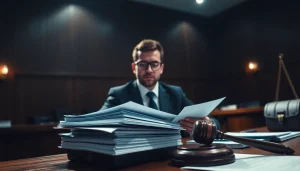 Professional soudní překladatel translating legal documents in a courtroom.