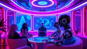 Vibrant futuristic digital lounge showcasing sex chat ai interactions with lifelike avatars.