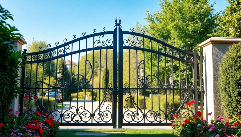 Showcasing custom steel gates amidst beautiful landscaping for enhanced security and aesthetic appeal.