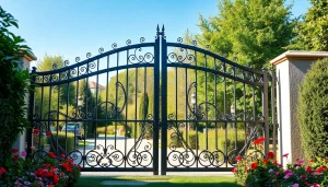 Showcasing custom steel gates amidst beautiful landscaping for enhanced security and aesthetic appeal.