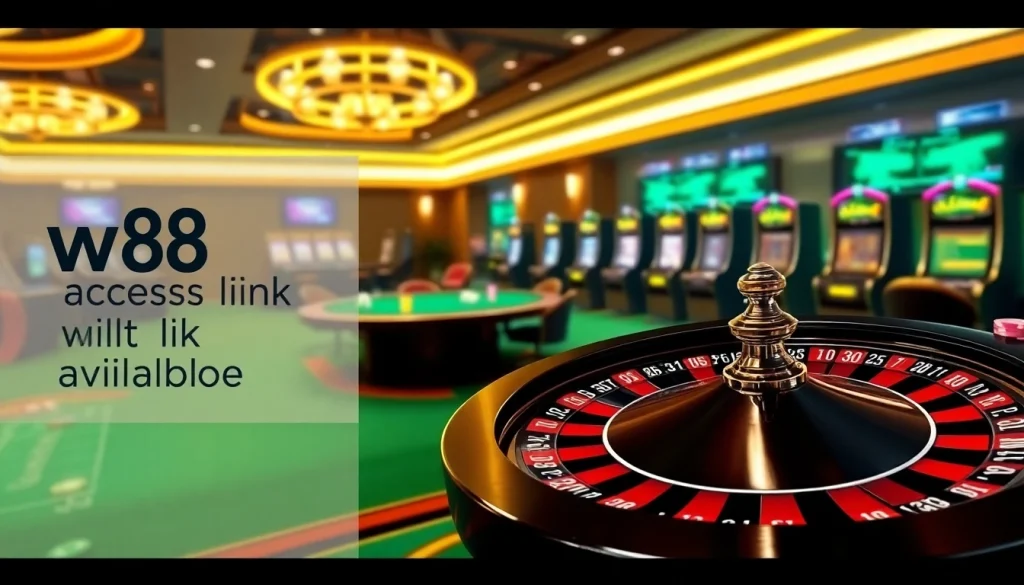 Liên kết truy cập W88 được thể hiện trong cảnh sòng bạc sống động với poker và máy đánh bạc.