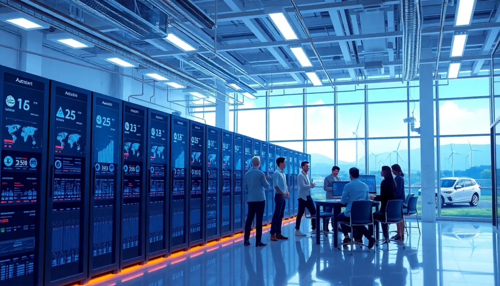 Dynamic scene of a cloud mining site showcasing advanced AI technology and clean energy sources.