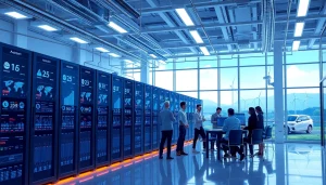 Dynamic scene of a cloud mining site showcasing advanced AI technology and clean energy sources.