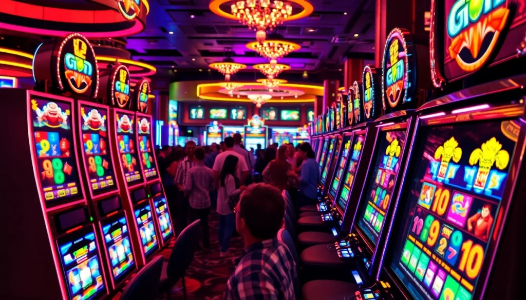 Berinteraksi dengan slot pulsa dalam suasana kasino yang ceria dan penuh warna.