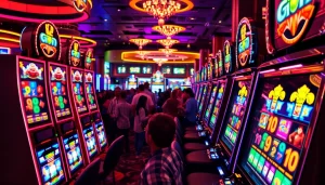 Berinteraksi dengan slot pulsa dalam suasana kasino yang ceria dan penuh warna.