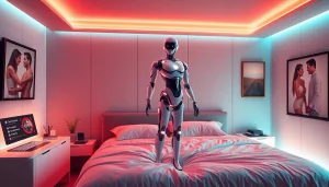 Intimate scene of a futuristic bedroom featuring AI sex technology and a hyper-realistic sex robot.