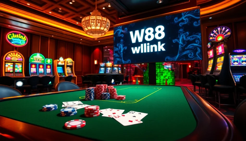 Experience the thrill at W88 link with vibrant casino visuals, featuring gaming tables and slot machines.