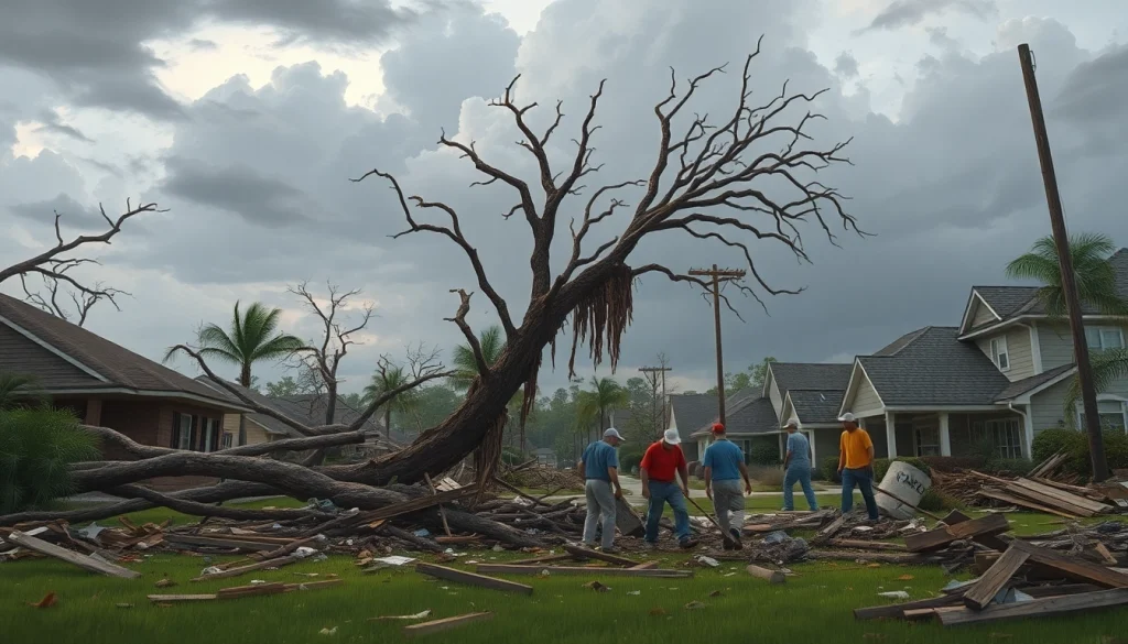 Assessing Florida Hurricane Damage with volunteers clearing debris in a neighborhood aftermath.