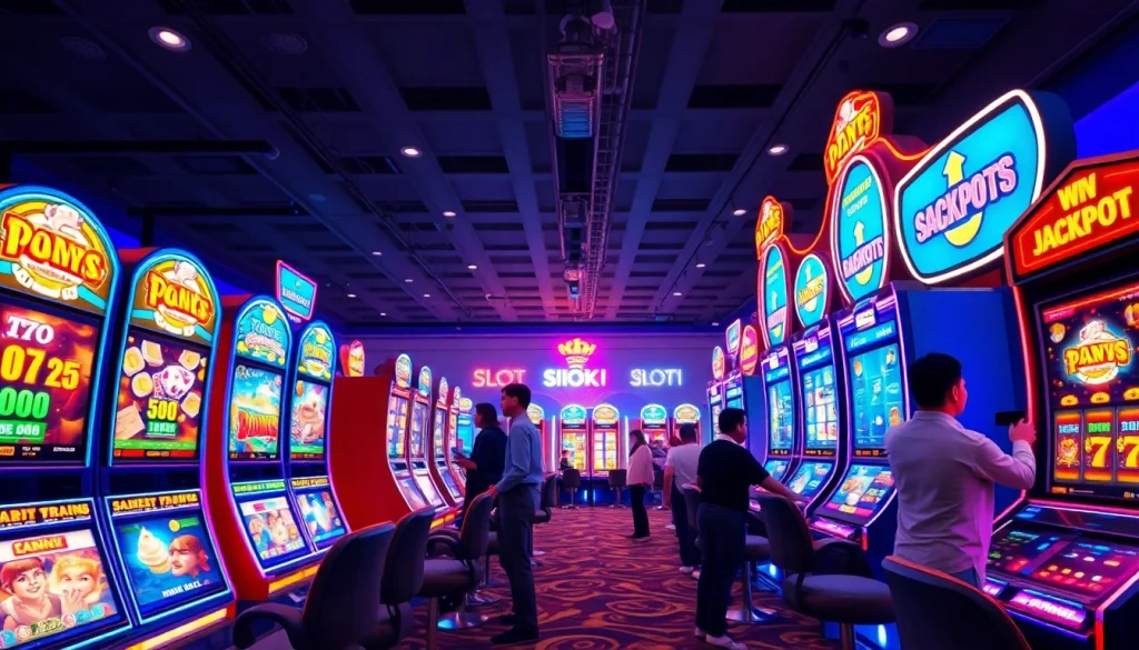 Engaging scene of slot hoki games with vibrant slot machines and enthusiastic players in an online gaming environment.