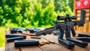 Showcase the Alamo trigger on a shooting range table, emphasizing its premium design and features.