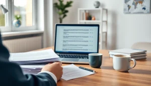 Traducteur assermenté professionnel certifié à Lille travaillant sur des documents officiels dans un bureau moderne.
