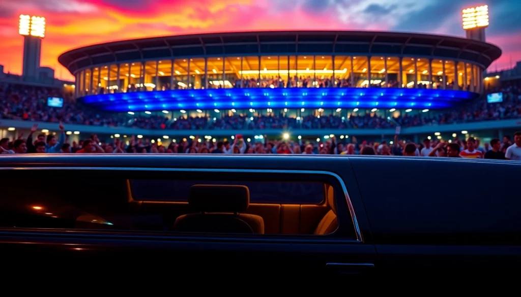World Cup Group Transportation with luxury limousine at LA stadium, capturing excitement and elegance.