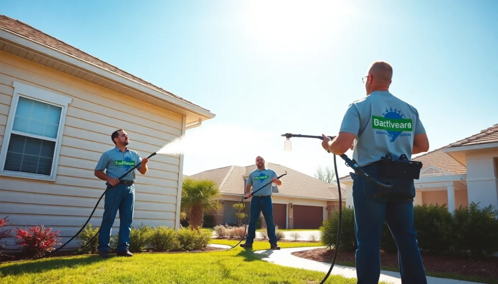 Soft wash cleaning a residential house exterior by a professional team in Kissimmee, showcasing eco-friendly service.