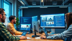 Team collaboration on thiết kế website theo yêu cầu in a modern office.