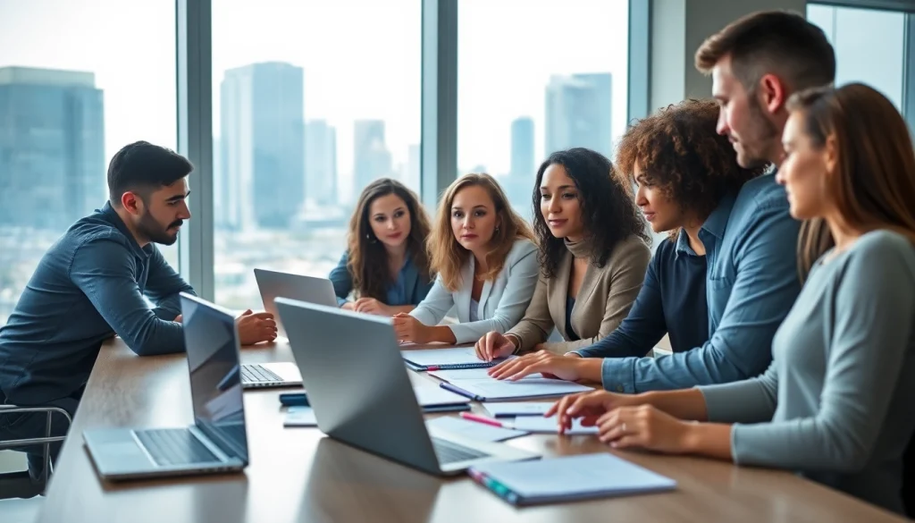 Engage in competitive intelligence analysis with a diverse team collaborating effectively in a modern office setting.