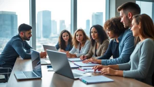 Engage in competitive intelligence analysis with a diverse team collaborating effectively in a modern office setting.