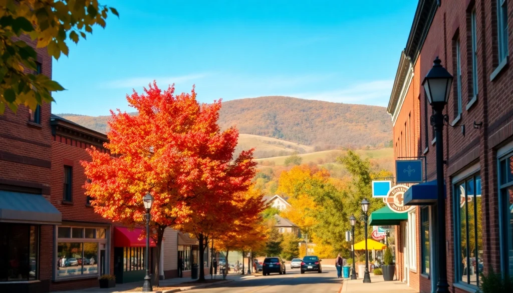 Experience Clarksburg's vibrant downtown with charming shops and autumn foliage.