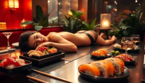 Indulge in body sushi at Club Noir, showcasing sushi elegantly arranged on a model in a luxurious atmosphere.