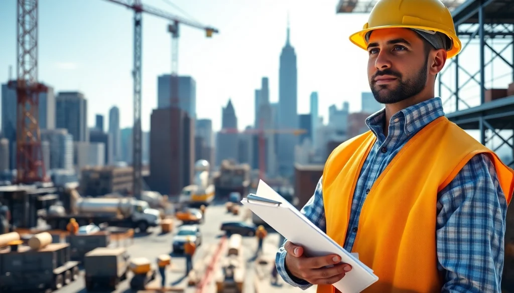 Dynamic scene of New York City Construction Manager overseeing an active construction site.
