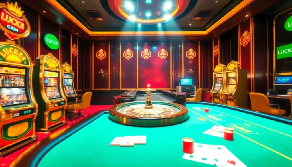 Cảnh chơi sôi động tại casino với những người chơi đang tận hưởng các trò chơi của LUCK8 và LUCKY8 tại bàn roulette và poker.