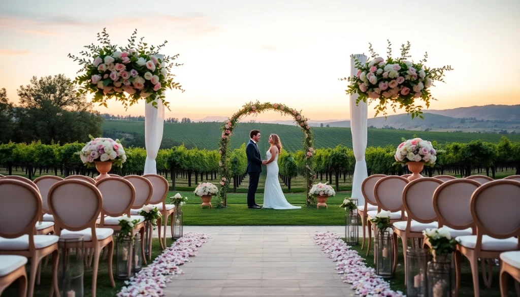 Couple celebrating at Clarksburg Wedding Venues with an elegant outdoor ceremony.