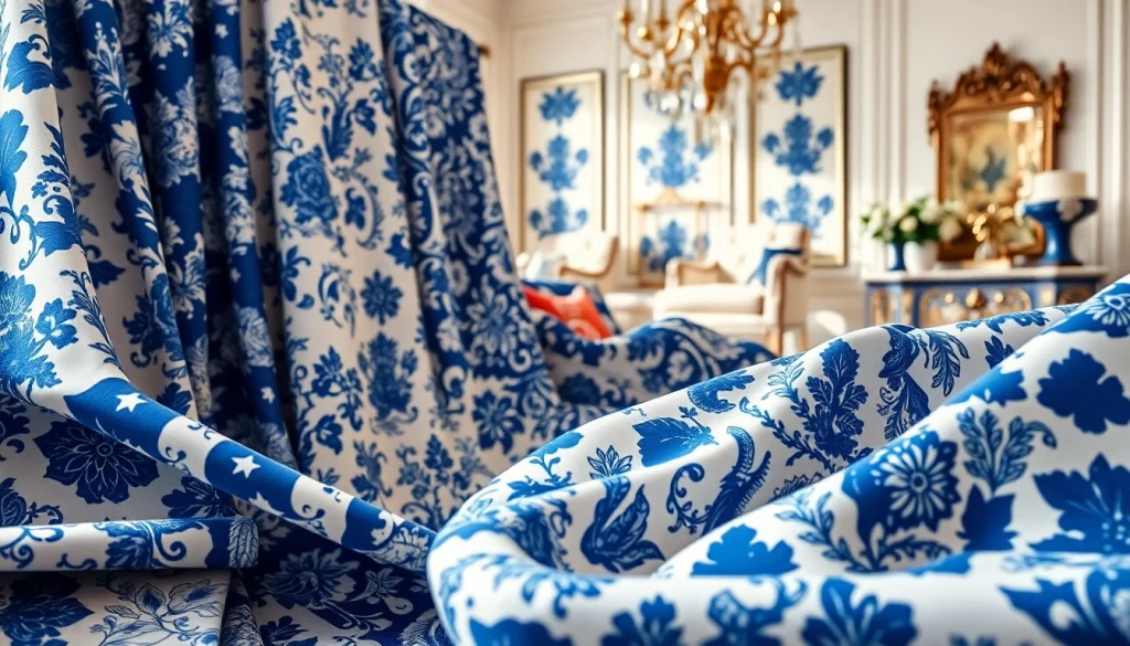Delftsblauwe stoffen collectie gepresenteerd in een stijlvolle interieursetting met elegante patronen.