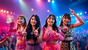 Blackpink members performing energetically on stage, showcasing their vibrant personalities.